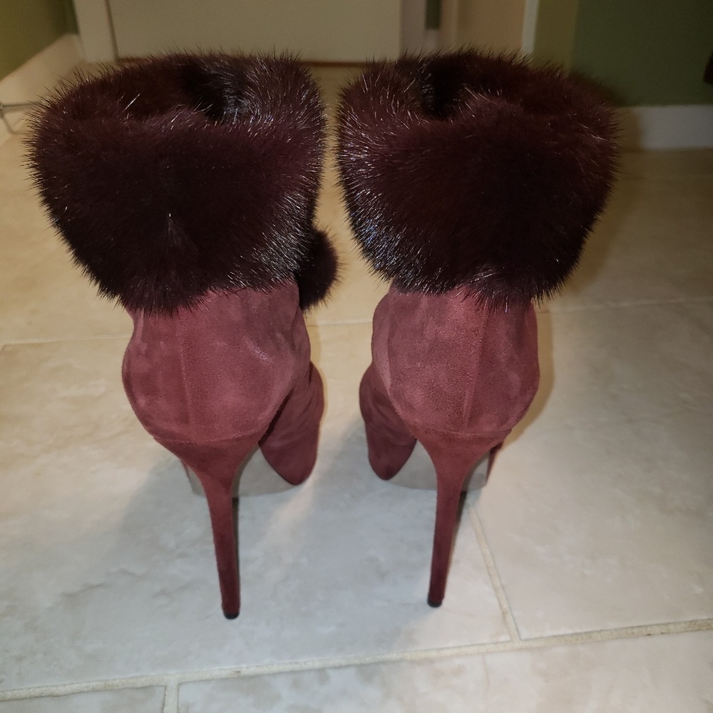 Sergio Rossi Mink Trimmed Suede Platform Booties - Picture 2 of 6